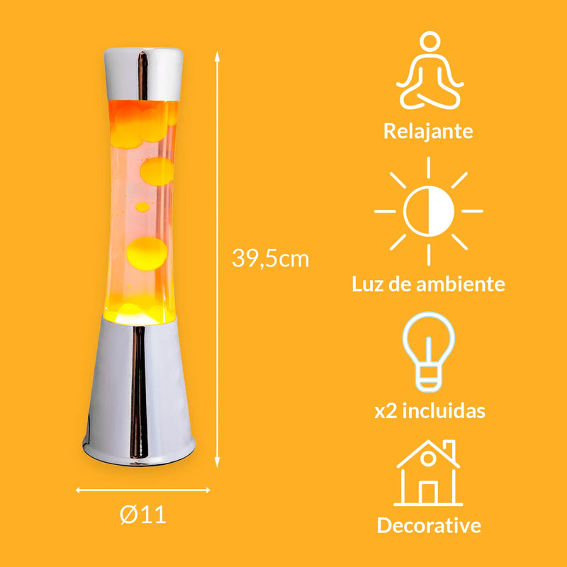 Lámpara de lava Fisura - Base cromo, liquido transparente, lava naranja
