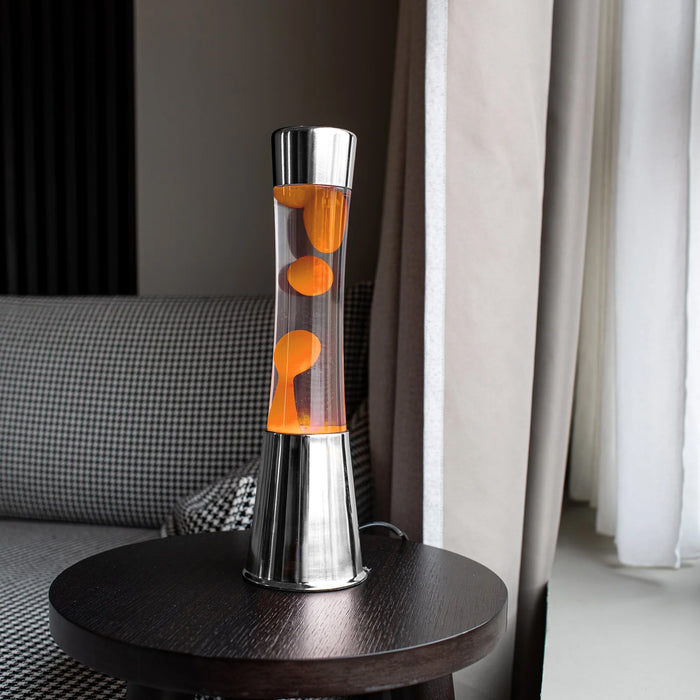 Lámpara de lava Fisura - Base cromo, liquido transparente, lava naranja