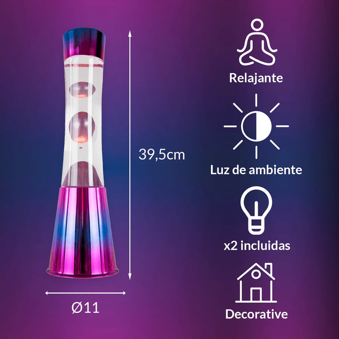 Lámpara de lava Fisura - Base cromo, liquido transparente, lava púrpura iridiscente