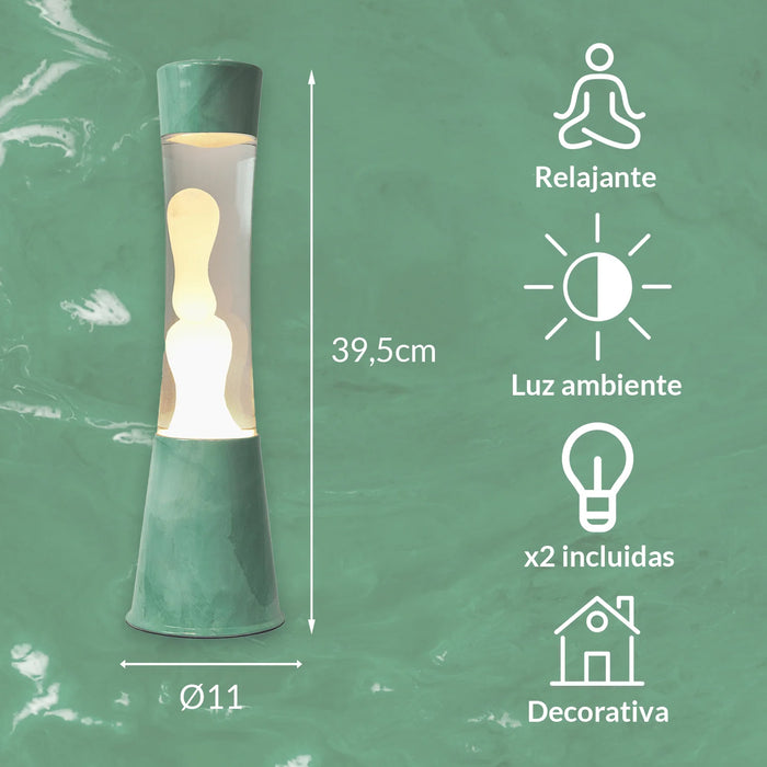 Lámpara de lava Fisura - Base jade, líquido transparente, lava blanca