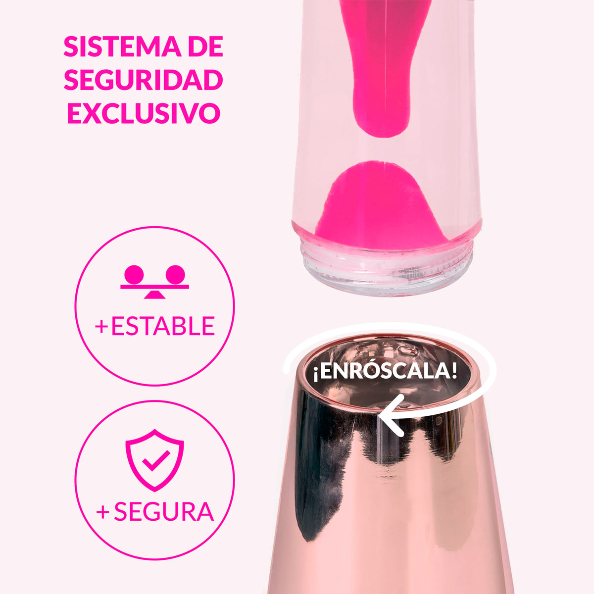 Lámpara de lava Fisura - Base oro rosa, líquido transparente, lava magenta