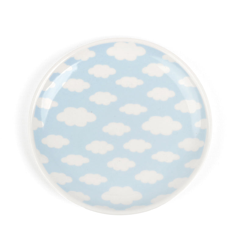 Vaciabolsillos de cerámica con estampado de nubes. Plato alhajero azul con estampado de nubes.