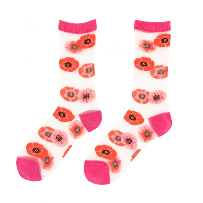 Calcetines de malla transparente con dibujos de amapolas rojas y rosadas. Divertidos calcetines de algodón, poliéster y spandex.