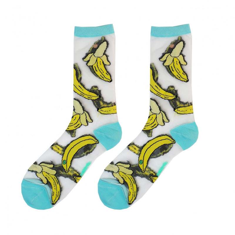 Calcetines de malla transparentes con dibujos de plátanos. Calcetines con estampado de flores plátanos con el remate, el talón y la punta en azul turquesa.