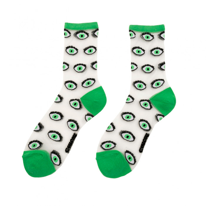 Calcetines de malla transparentes con dibujos de ojos verdes. Calcetines con estampado de ojos con el remate, el talón y la punta en verde.