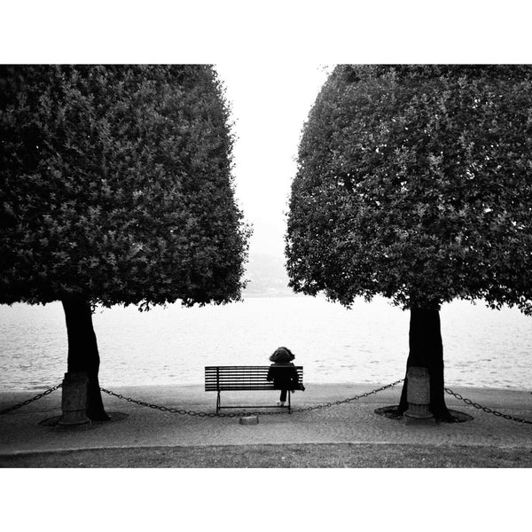 Fotografía en blanco y negro de persona sentada en un banco de espaldas entre dos árboles frente al mar tomada con la película fotográfica Kodak TMAX ISO 400