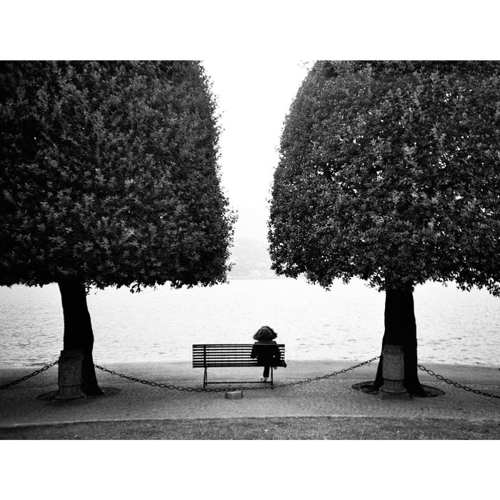 Fotografía en blanco y negro de persona sentada en un banco de espaldas entre dos árboles frente al mar tomada con la película fotográfica Kodak TMAX ISO 400