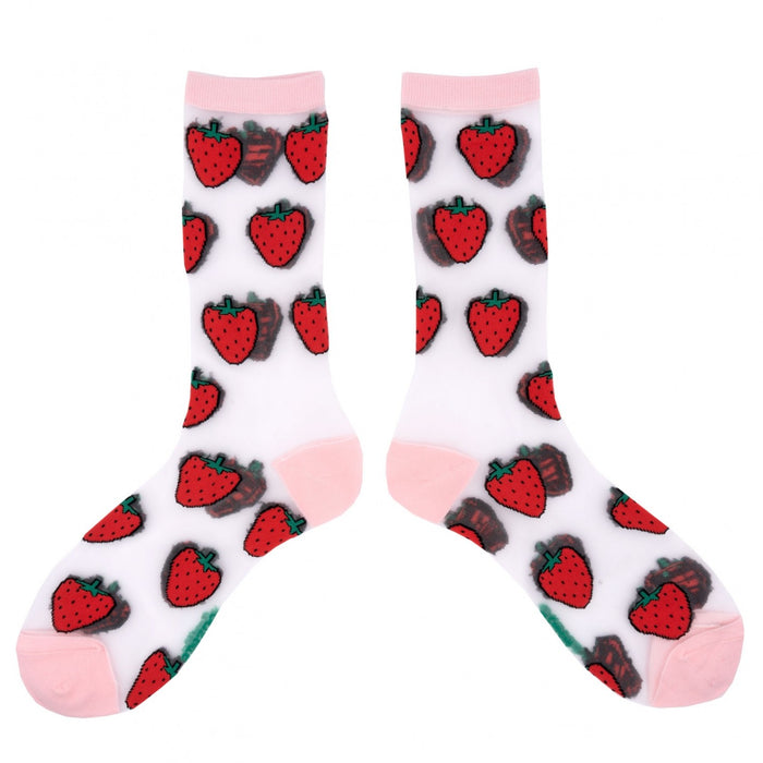 Calcetines de malla transparentes con dibujos de fresas. Originales calcetines de algodón, poliester y spandex.