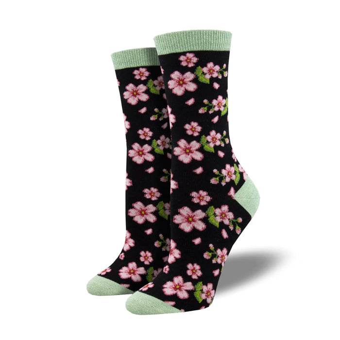 Calcetines de bambú estampados con flores de cerezo y la puntera, goma y talón en color verde agua.