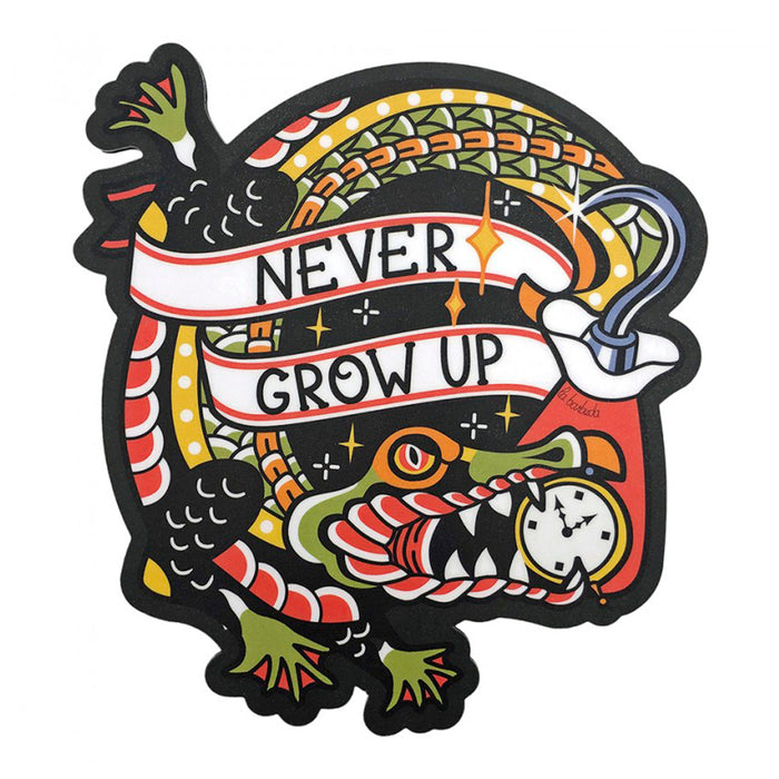 Alfombrilla de ratón con dibujo de cocodrilo con un reloj en la boca junto a un garfio y el texto "Never grow up". Alfombrilla para ratón inspirada en Peter Pan.