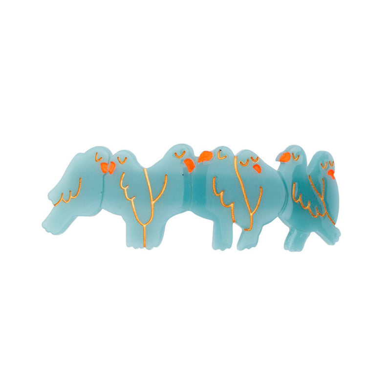 Pasador de pelo estilo barrette francés en forma de fila de pájaros azules con detalles dorados. Fabricado con acetato de celulosa reciclado.