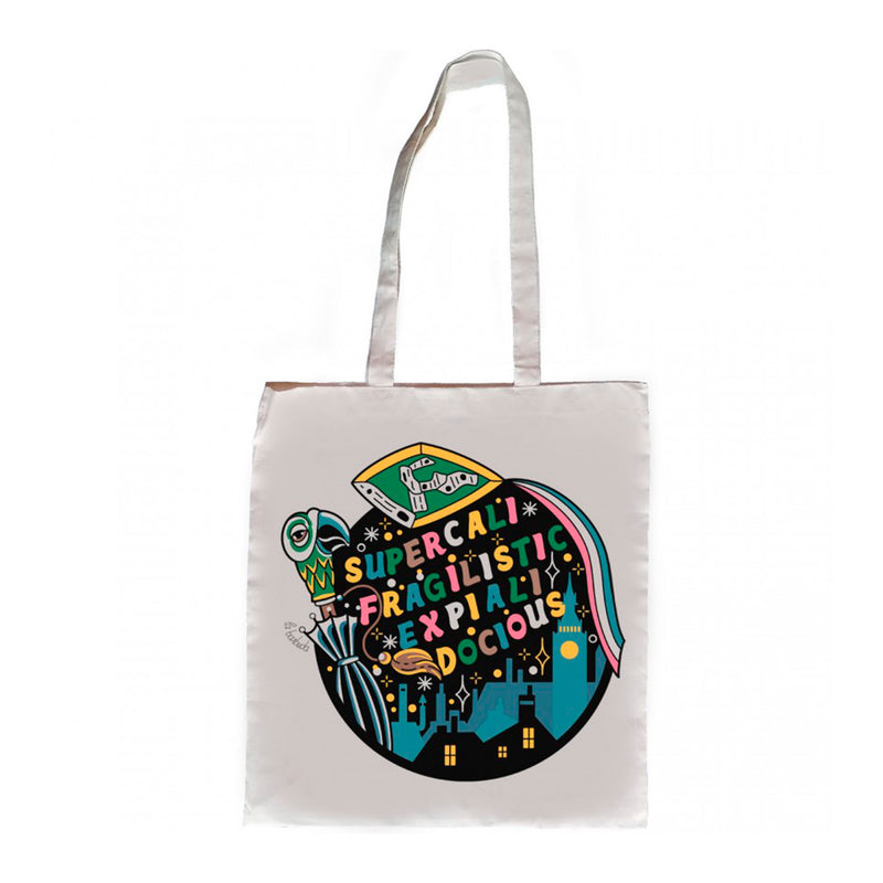 Tote bag inspirada en Mary Poppins. Bolsa de algodón con la frase "Supercalifragilisticexpialidocious" ante un skyline londinense, un paraguas-pájarao y una cometa.