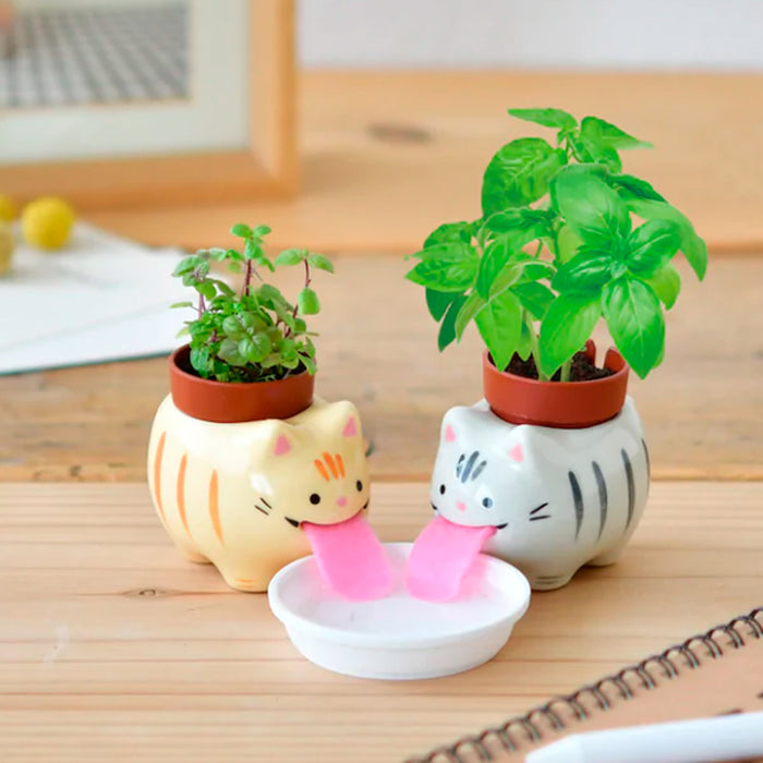 Macetas en forma de gato rayado con lengua de fieltro para autoriego.
