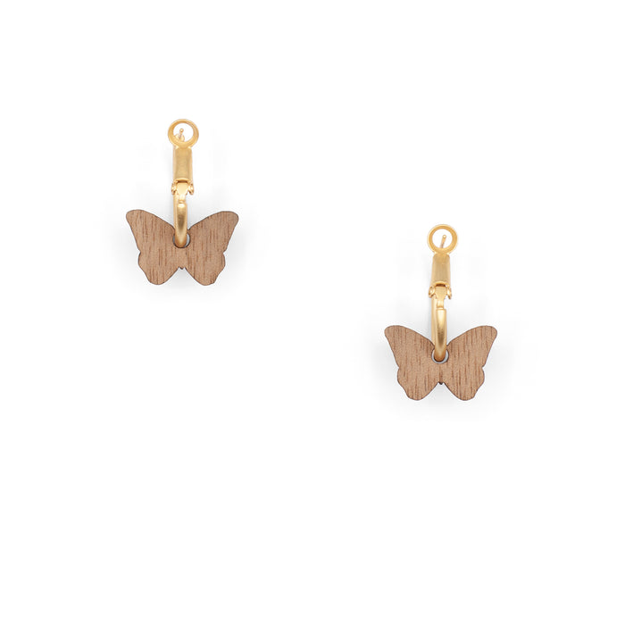 Trasera de Pendientes de aro con charm de madera en forma de mariposa con detalles pintados en morado