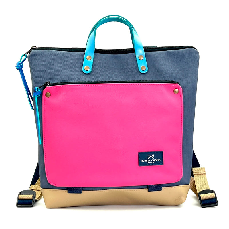 Mochila Book Holder Cuadrada Impermeable con bolsillo extra Daniel Chong - Azul con bolsillo fucsia