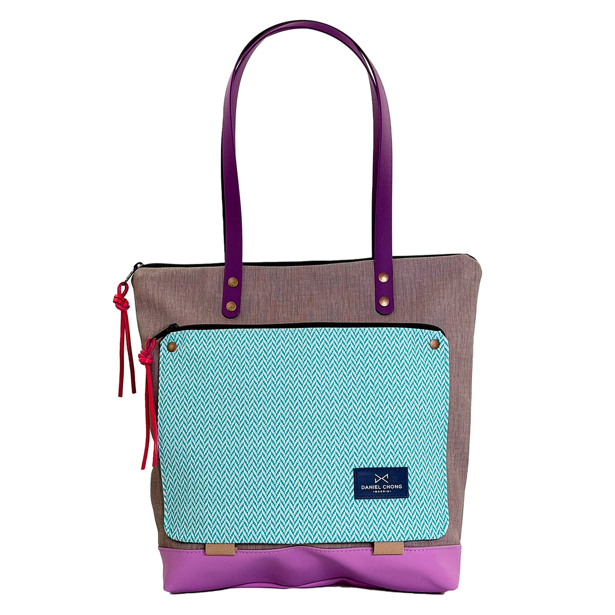 Bolso Book Holder Cuadrado Impermeable con bolsillo extra Daniel Chong - Gris con bolsillo espiga turquesa