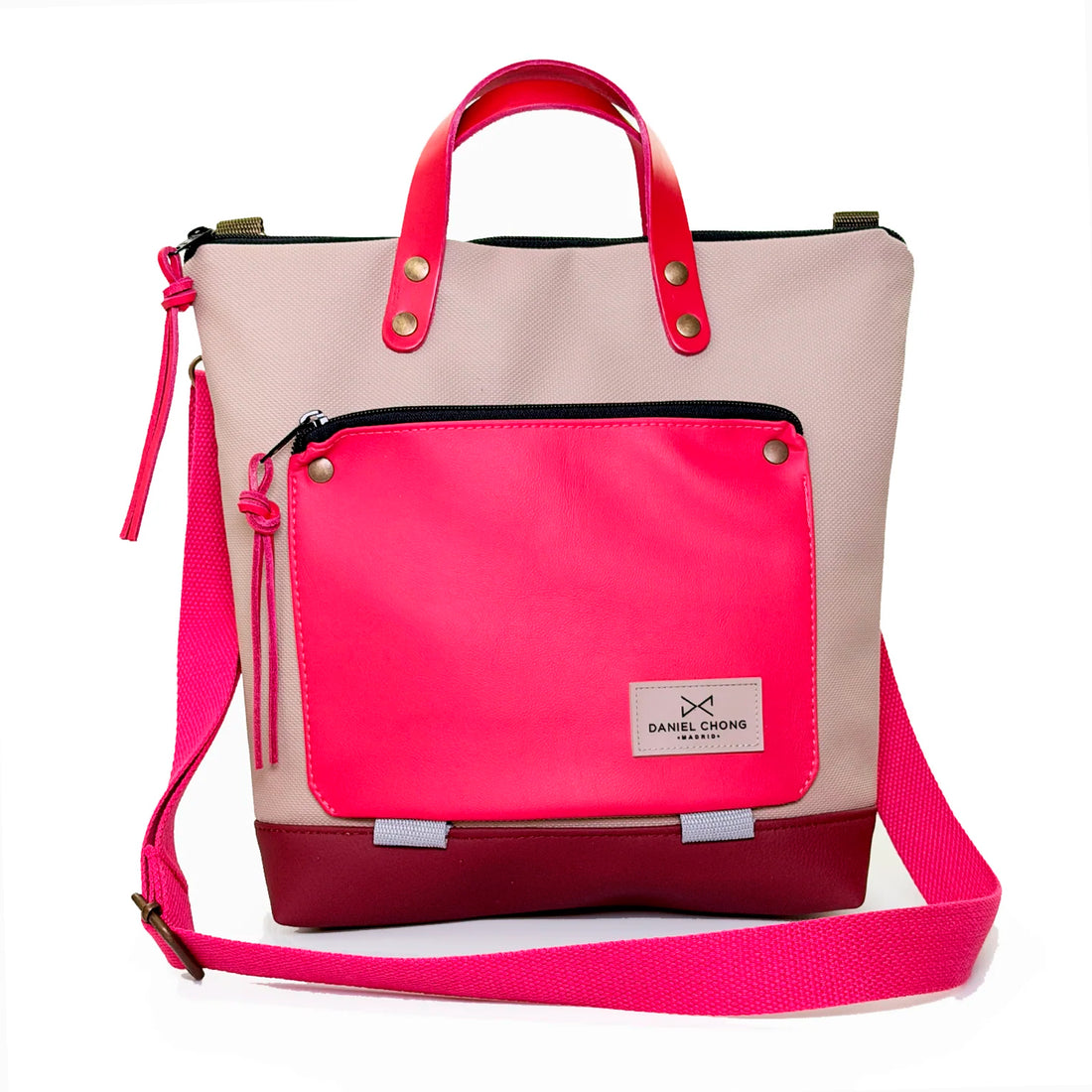 Bandolera Book Holder Cuadrada Impermeable con bolsillo extra Daniel Chong - Beige con bolsillo fucsia