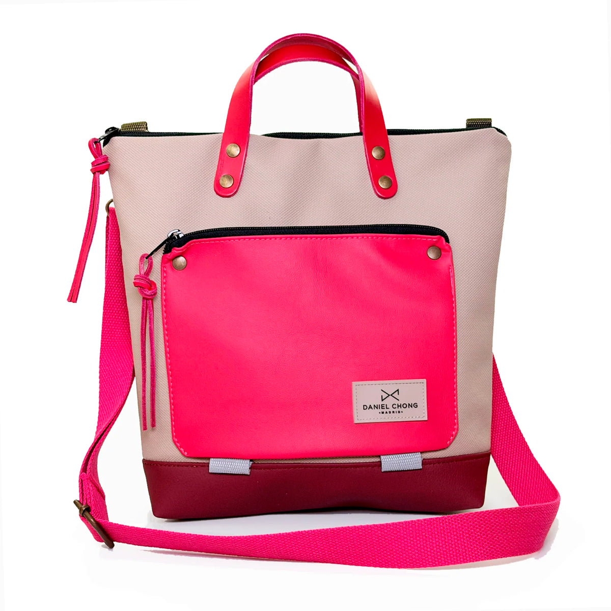 Bandolera Book Holder Cuadrada Impermeable con bolsillo extra Daniel Chong - Beige con bolsillo fucsia