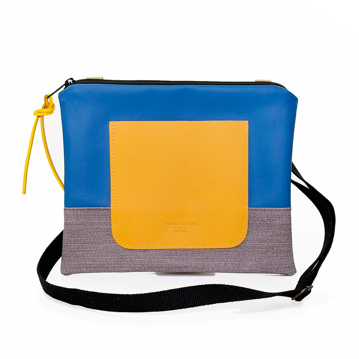 Bandolera mini impermeable con bolsillo Daniel Chong - Azul y gris con bolsillo amarillo