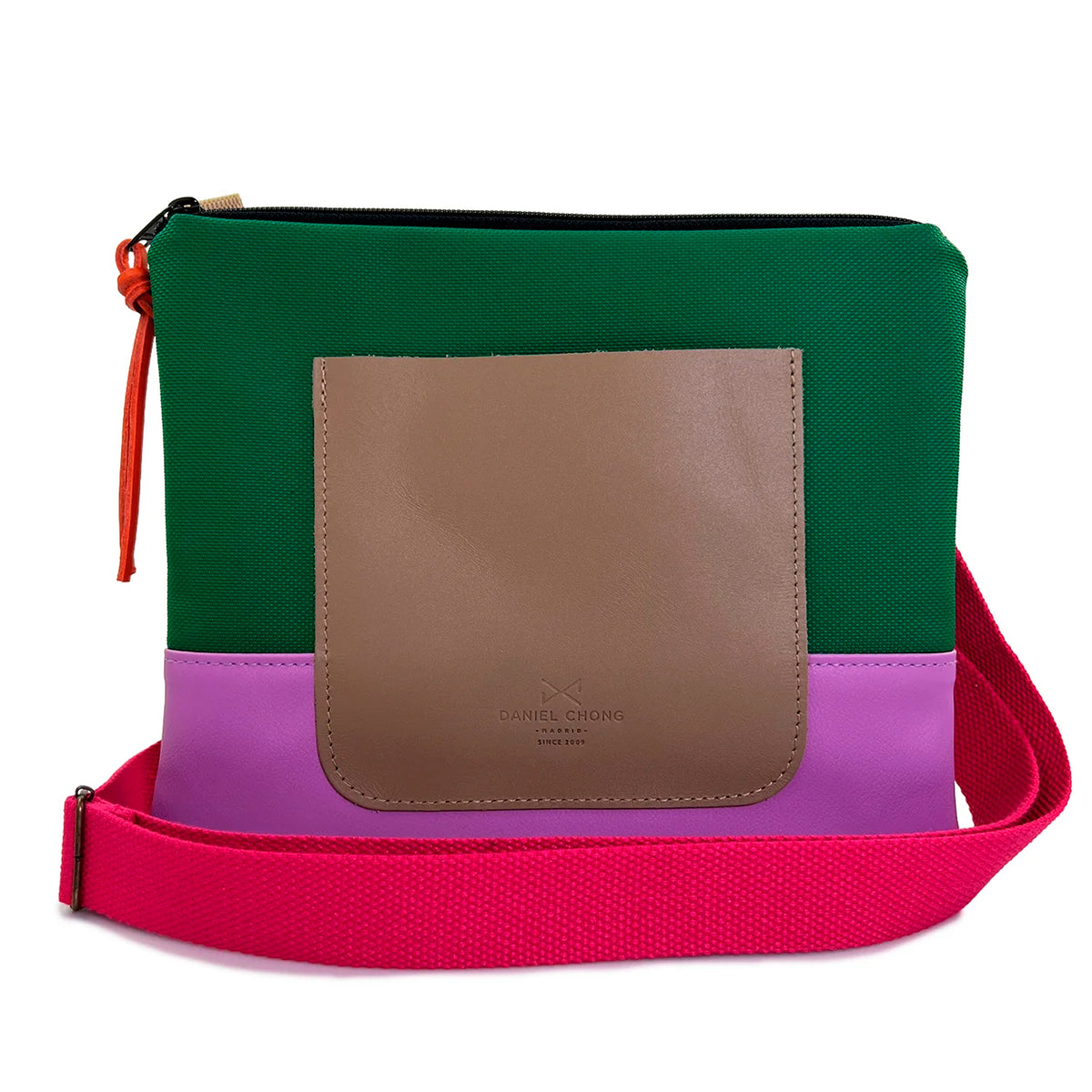 Bandolera mini impermeable con bolsillo Daniel Chong - Verde y rosa con bolsillo beige