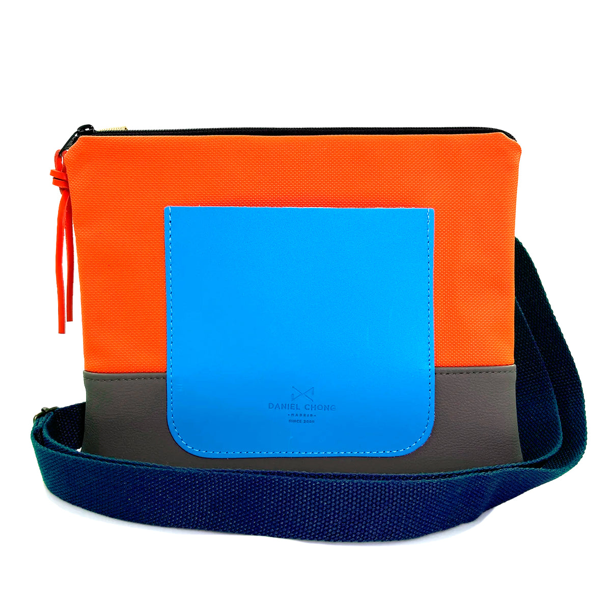 Bandolera mini impermeable con bolsillo Daniel Chong - Naranja y gris con bolsillo azul