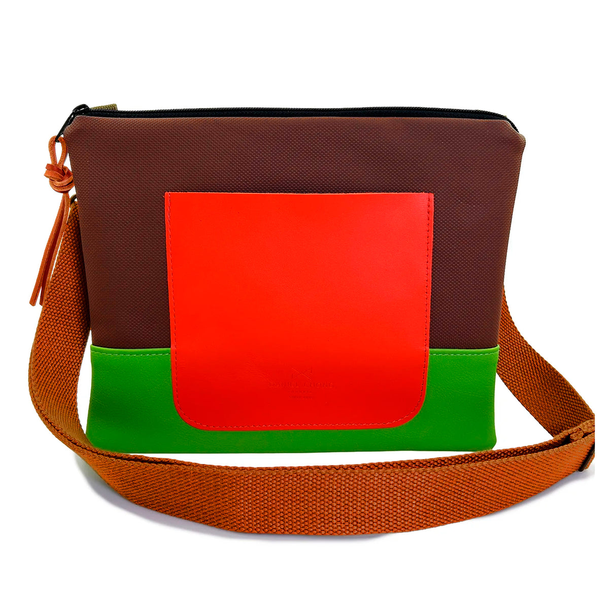 Bandolera mini impermeable con bolsillo Daniel Chong - Marrón y verde con bolsillo naranja