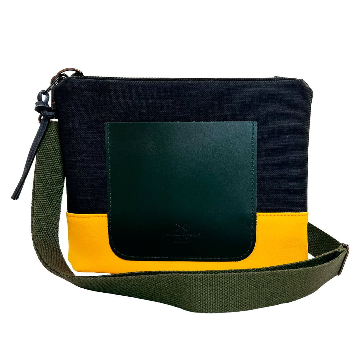 Bandolera mini impermeable con bolsillo Daniel Chong - Negro y amarillo con bolsillo verde