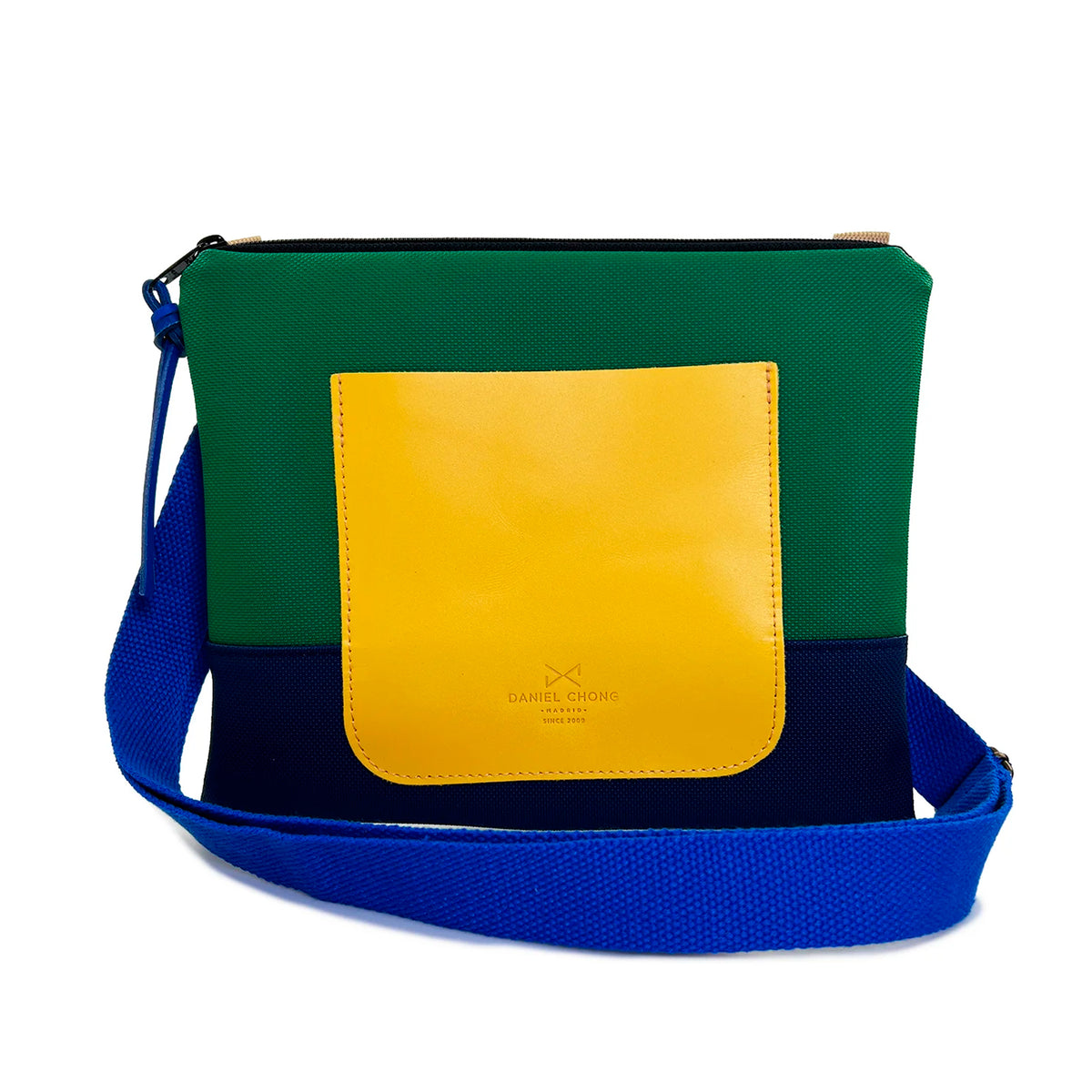 Bandolera mini impermeable con bolsillo Daniel Chong - Verde y azul con bolsillo amarillo