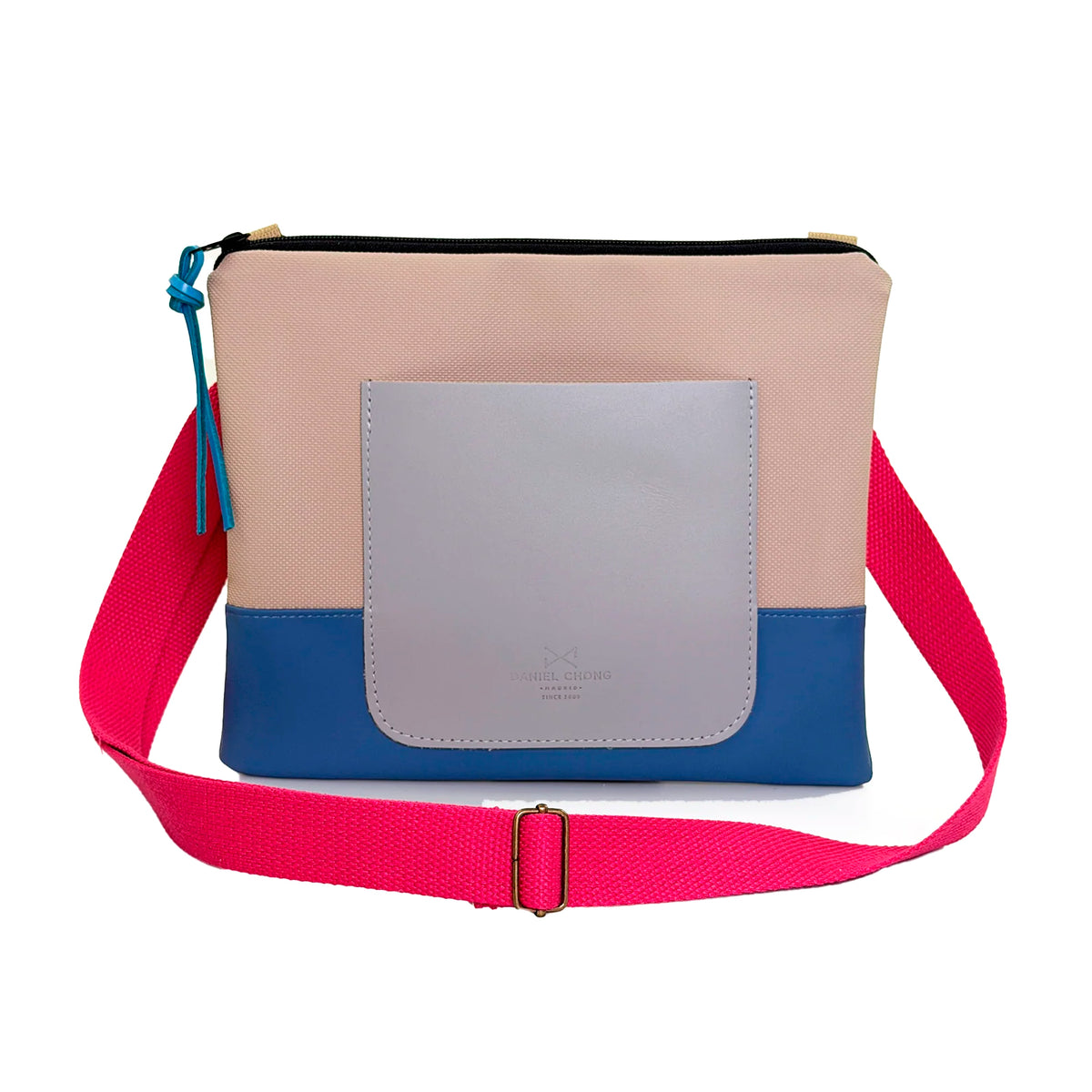 Bandolera mini impermeable con bolsillo Daniel Chong - Beige y azul con bolsillo gris