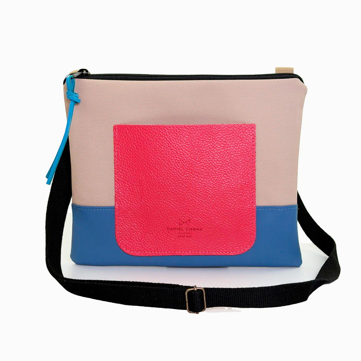 Bandolera mini impermeable con bolsillo Daniel Chong - Beige y azul con bolsillo fucsia