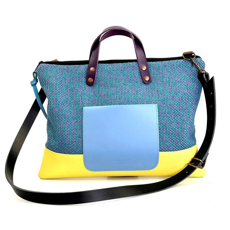 Bandolera Slim Loneta Daniel Chong - Cuadros con bolsillo azul y base amarilla