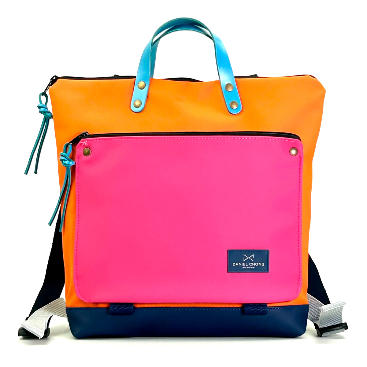 Mochila Book Holder Cuadrada Impermeable con bolsillo extra Daniel Chong - Naranja con bolsillo fucsia