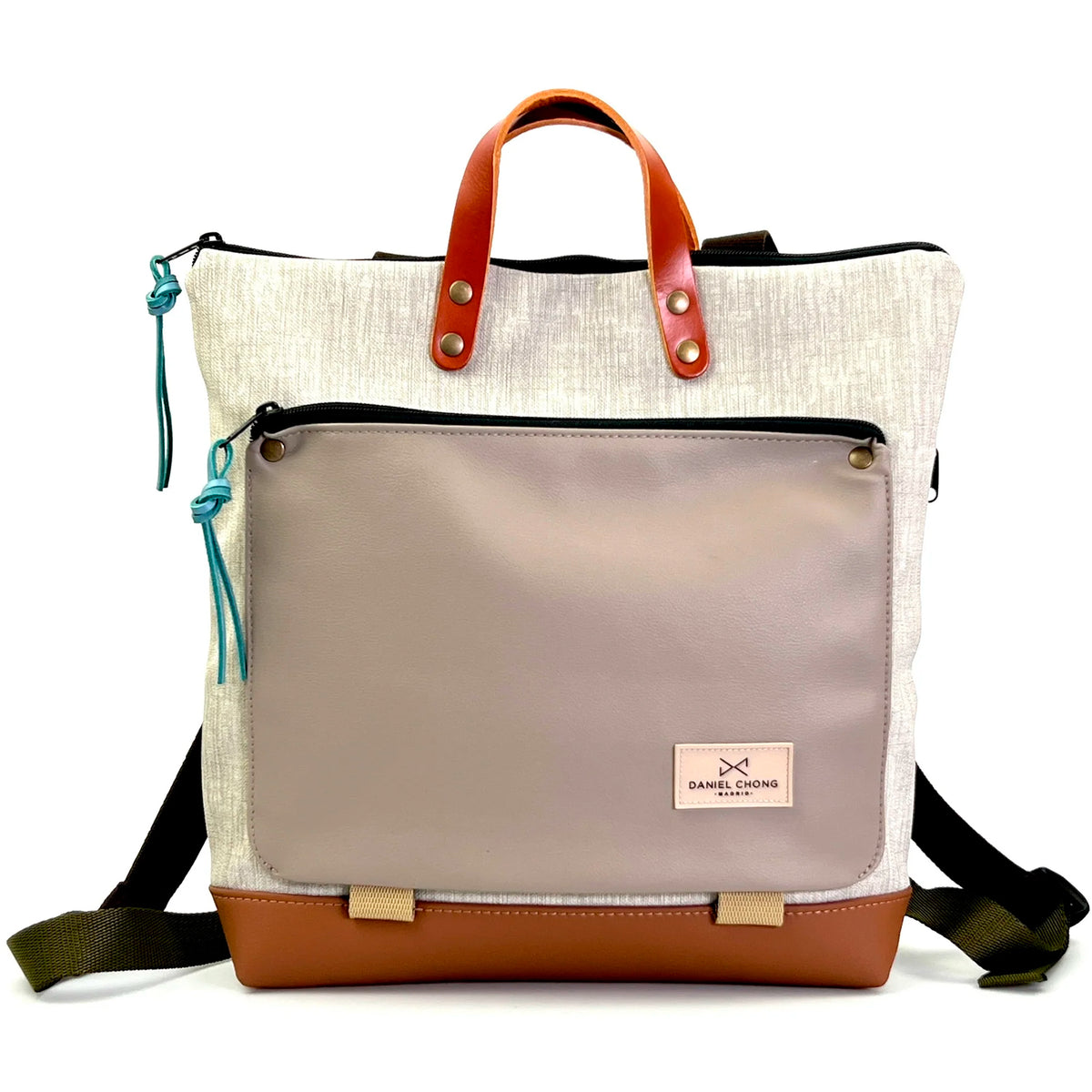 Mochila Book Holder Cuadrada Impermeable con bolsillo extra Daniel Chong - Gris con bolsillo beige