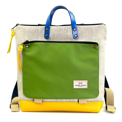 Mochila Book Holder Cuadrada Impermeable con bolsillo extra Daniel Chong - Gris con bolsillo verde