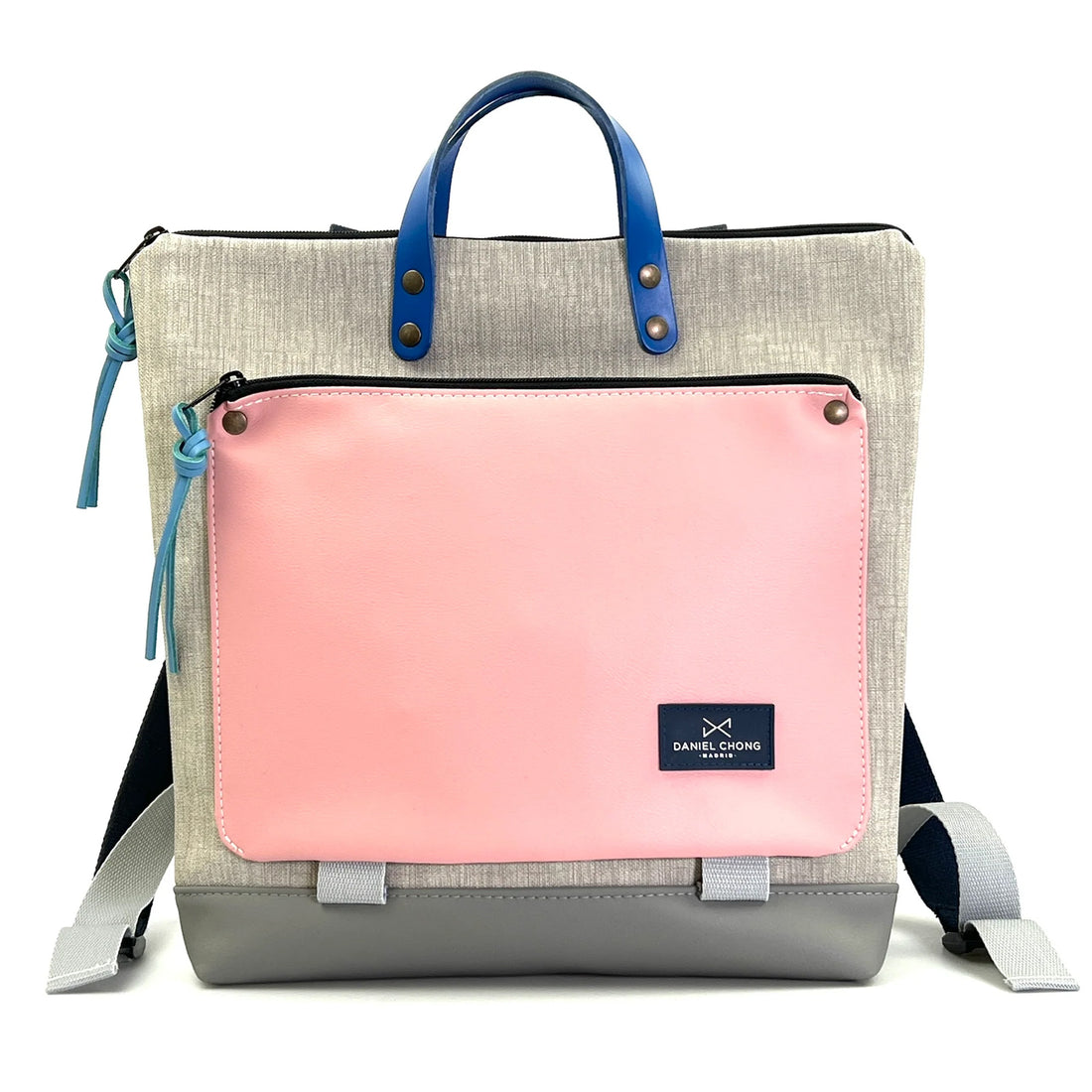 Mochila Book Holder Cuadrada Impermeable con bolsillo extra Daniel Chong - Gris con bolsillo rosa