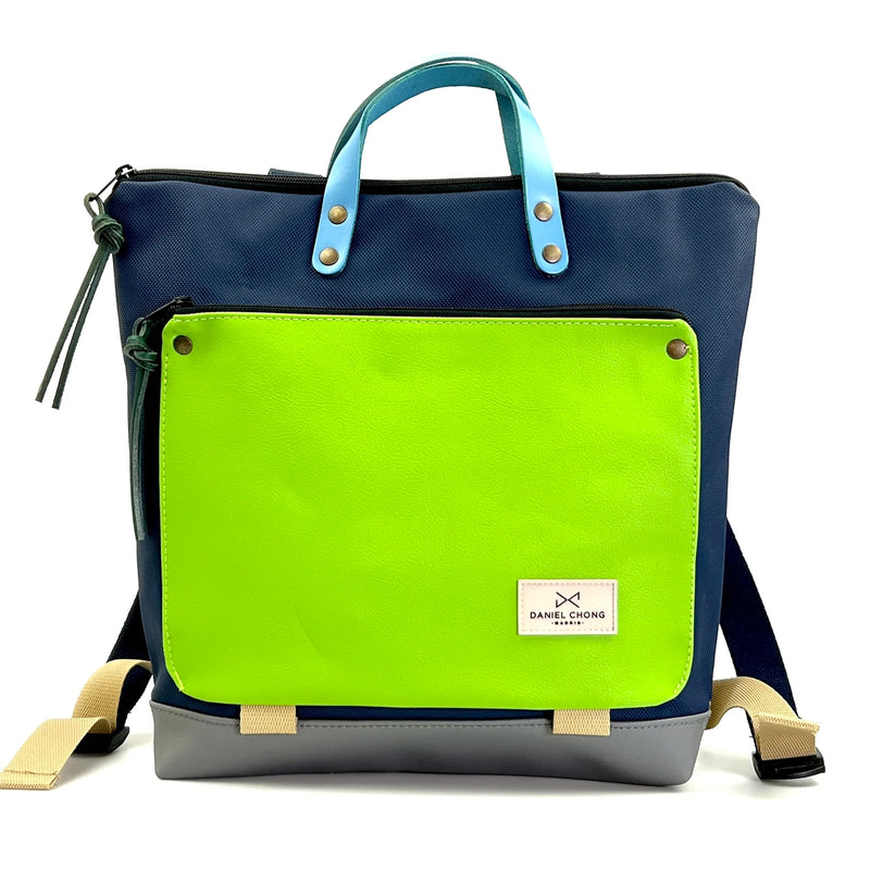 Mochila Book Holder Cuadrada Impermeable con bolsillo extra Daniel Chong - Azul con bolsillo verde