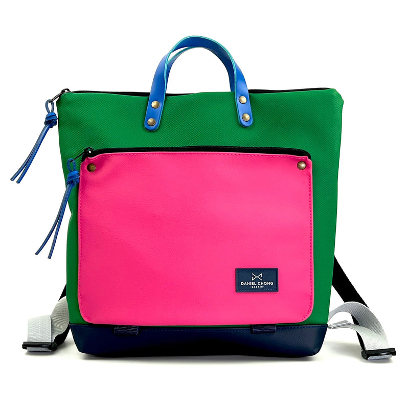 Mochila Book Holder Cuadrada Impermeable con bolsillo extra Daniel Chong - Verde con bolsillo fucsia