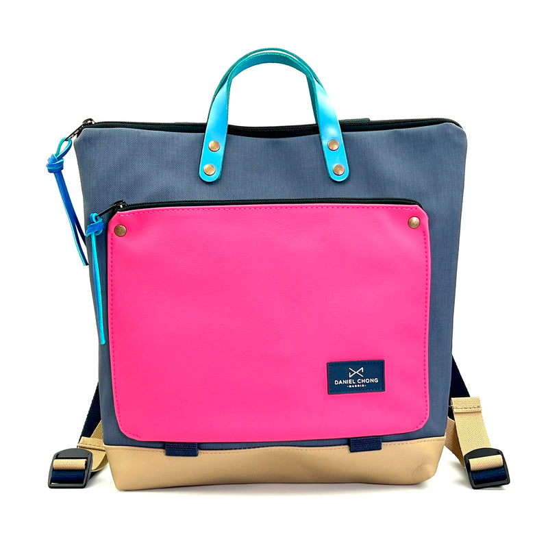 Mochila Book Holder Cuadrada Impermeable con bolsillo extra Daniel Chong - Azul con bolsillo fucsia