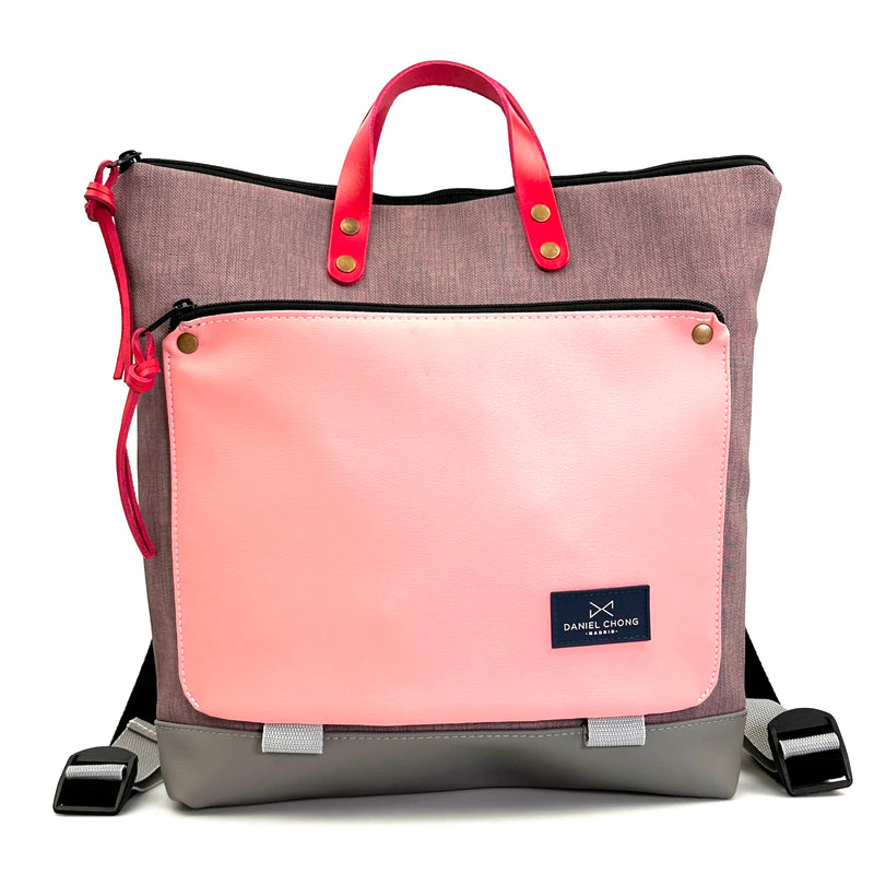 Mochila Book Holder Cuadrada Impermeable con bolsillo extra Daniel Chong - Gris con bolsillo rosa