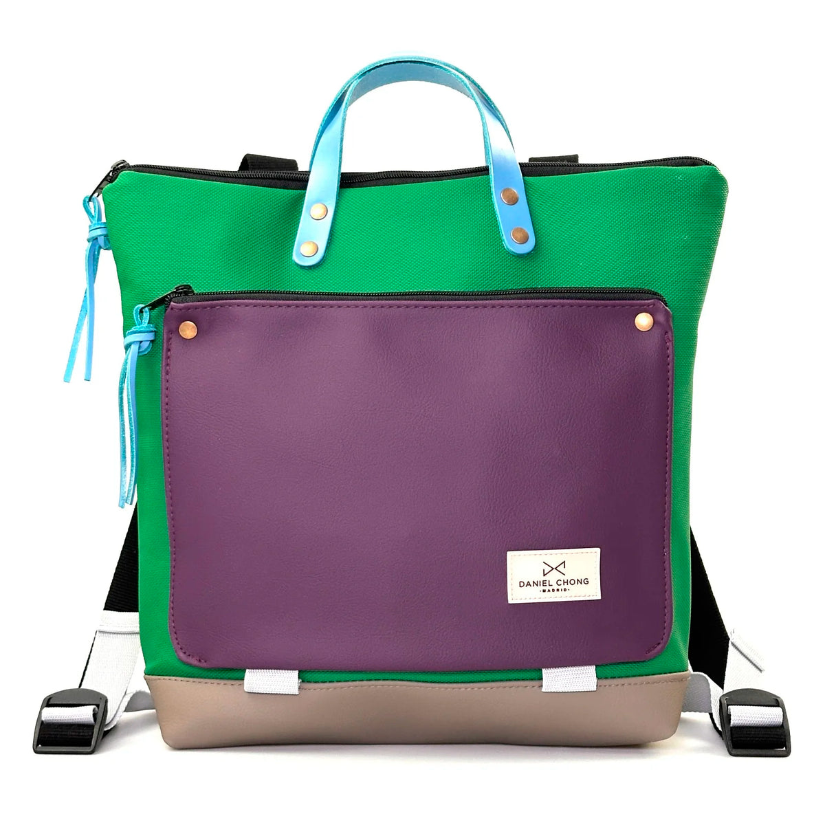 Mochila Book Holder Cuadrada Impermeable con bolsillo extra Daniel Chong - Verde con bolsillo violeta