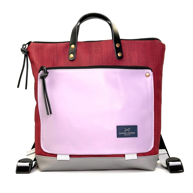 Mochila Book Holder Cuadrada Impermeable con bolsillo extra Daniel Chong - Color Vino con bolsillo lila