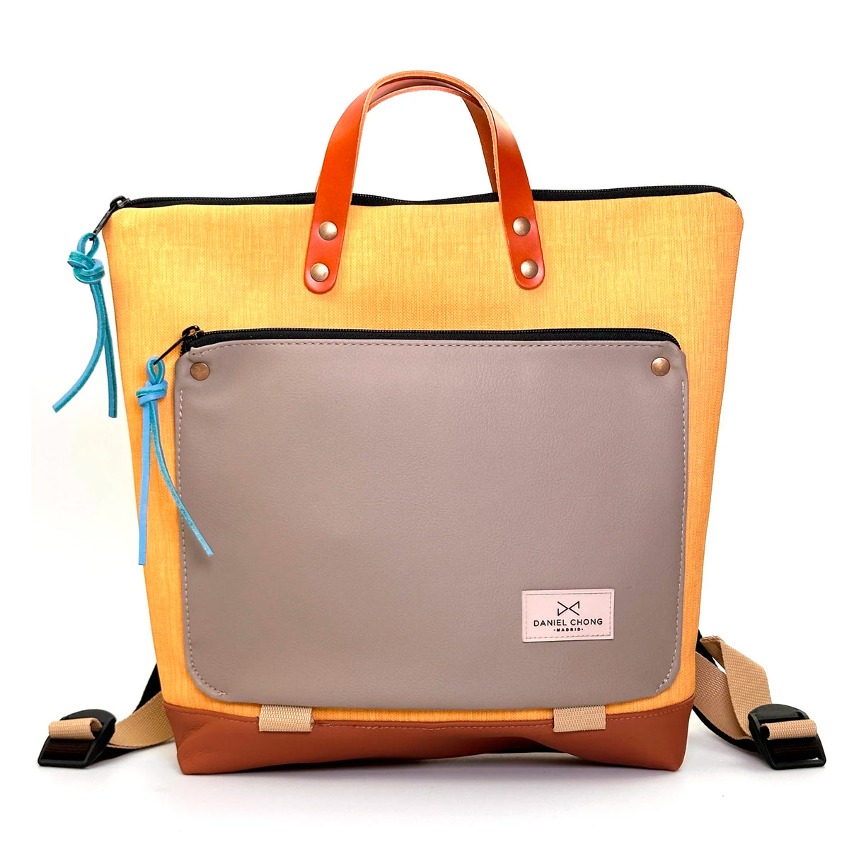 Mochila Book Holder Cuadrada Impermeable con bolsillo extra Daniel Chong - Amarillo con bolsillo beige