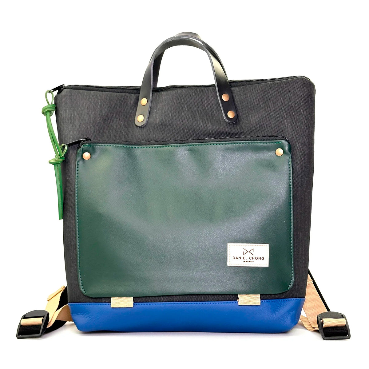 Mochila Book Holder Cuadrada Impermeable con bolsillo extra Daniel Chong - Negro con bolsillo verde