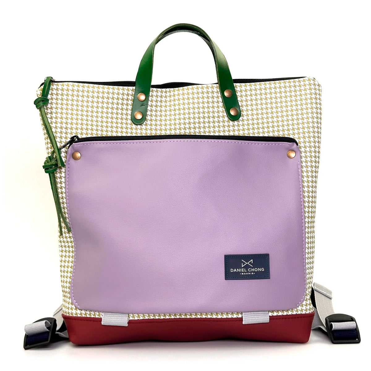 Mochila Book Holder Cuadrada Impermeable con bolsillo extra Daniel Chong - Pata de gallo con bolsillo lila