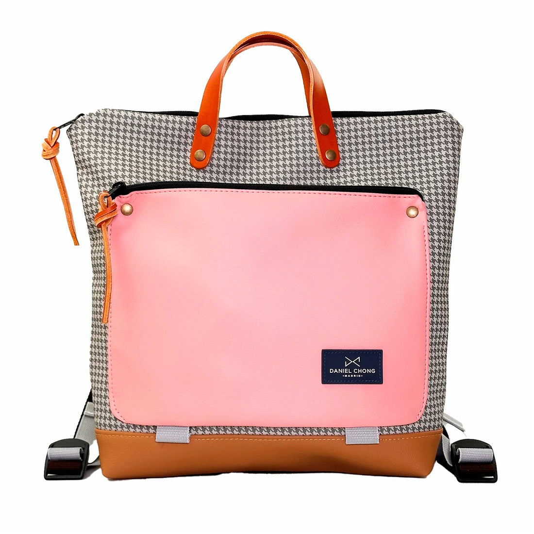 Mochila Book Holder Cuadrada Impermeable con bolsillo extra Daniel Chong - Pata de gallo gris y bolsillo rosa