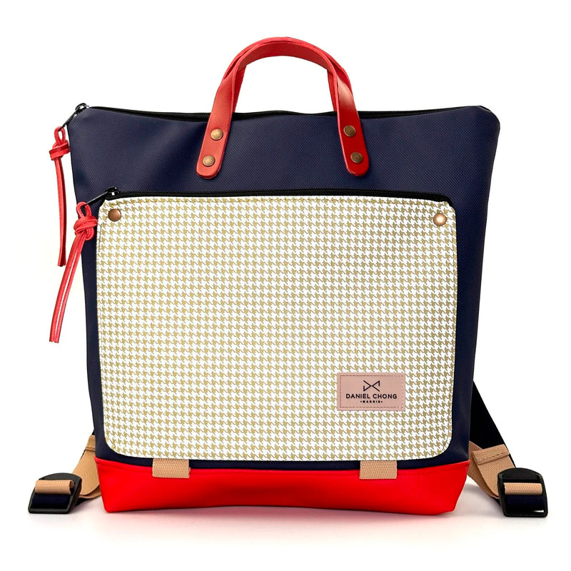 Mochila Book Holder Cuadrada Impermeable con bolsillo extra Daniel Chong - Azul y bolsillo pata de gallo