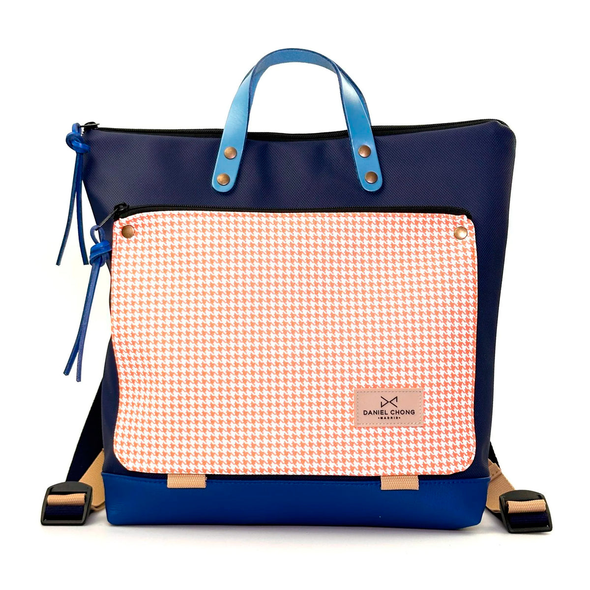 Mochila Book Holder Cuadrada Impermeable con bolsillo extra Daniel Chong - Azul y bolsillo pata de gallo naranja