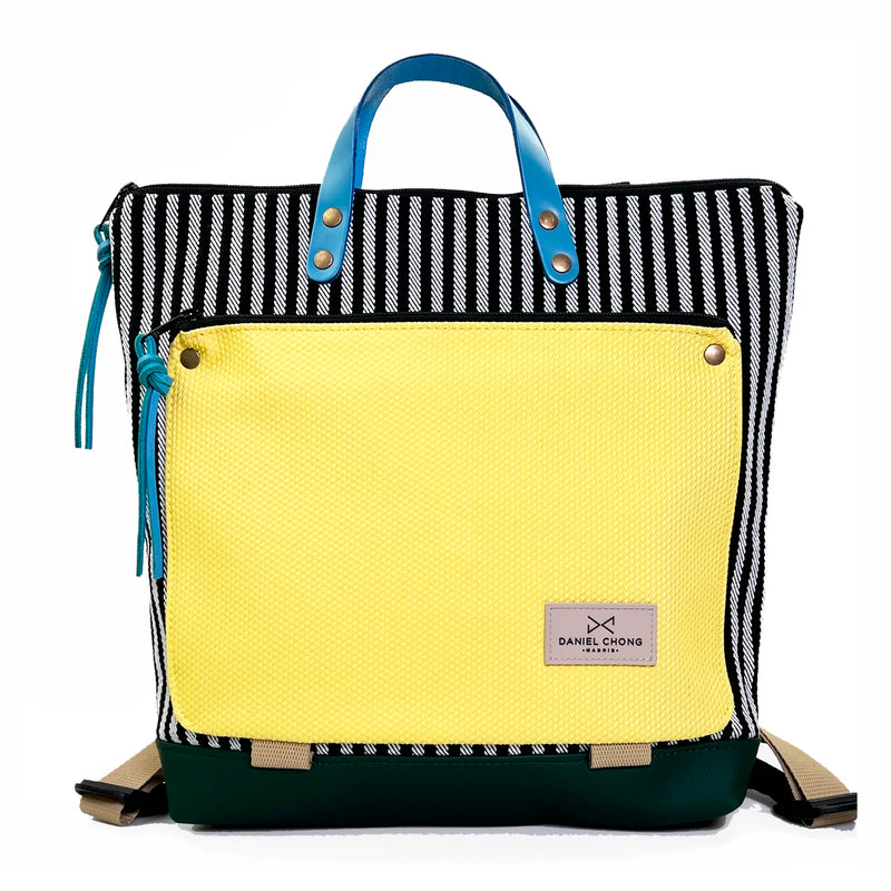 Mochila Book Holder Cuadrada Loneta Daniel Chong - Rayas con bolsillo amarillo