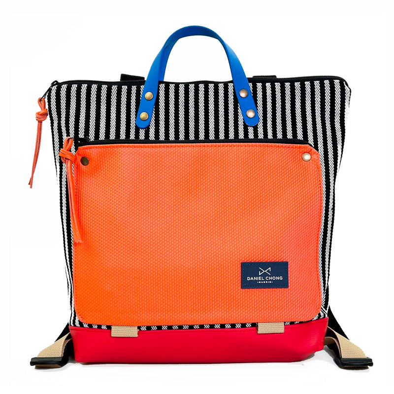 Mochila Book Holder Cuadrada Loneta Daniel Chong - Rayas con bolsillo naranja