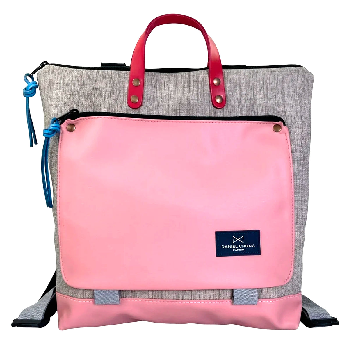 Mochila Book Holder Cuadrada Impermeable con bolsillo extra Daniel Chong - Gris con bolsillo rosa